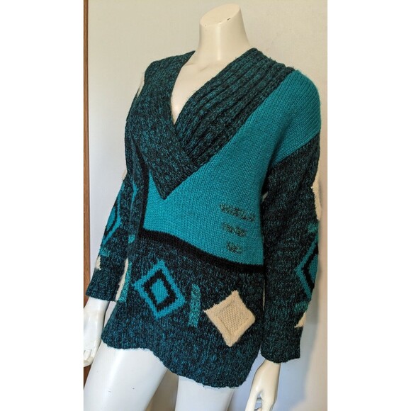 Vintage 80s Bold Geo V Neck Sweater M Tunic Sparkle Teal Acrylic Blend - Picture 2 of 5